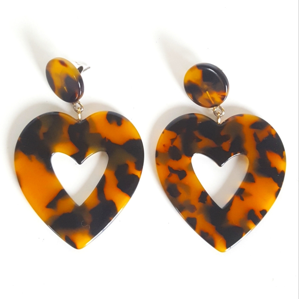 J. Crew Tortoise Heart Drop Earrings 🎀 Acrylic 💕 Jumbo Hearts